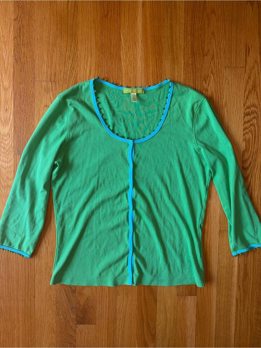 Vintage Y2K Sigrid Olsen Green Beaded Trim Long Sleeve Top – Size Small